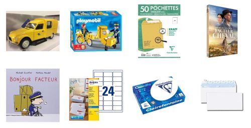 Sélection de produits (enveloppes, lettres, jouets, livres, DVD...)
