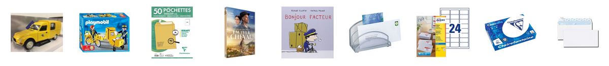 Sélection de produits (enveloppes, lettres, jouets, livres, DVD...)